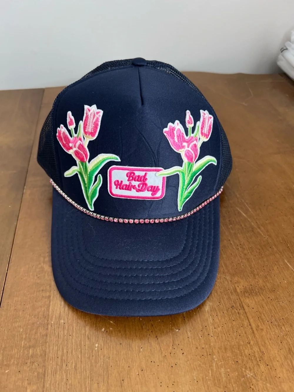 OTTO Navy Mesh Trucker Cap Rhinestones‎ Tulips Bad Hair Day
